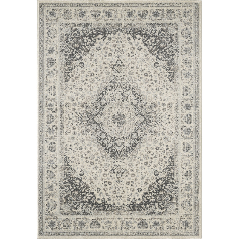 Tapis crème/ivoire/gris zone oriental Cunha, Rectangle 5 pi 3 po x 7 pi 6 po