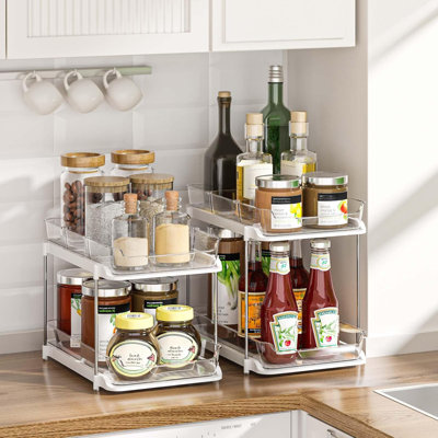 2-Tier Multi-Purpose Bathroom Under Sink Organizers And Storage, Stackable Kitchen Pantry Organization, Pull Out Medicine Cabinet Organizer With Movable Dividers, White, 2 Pack