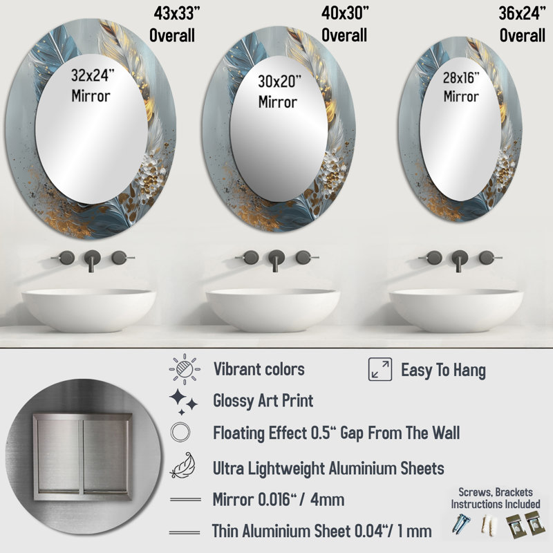 Gold Feather Wanderlust I - Gold Glam Oval Wall Mirror, 40" x 30"