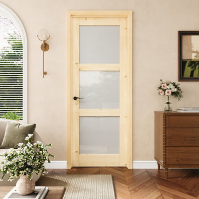 Porte pré-suspendue intérieure en bois de pin et verre givré 28 po x 80 po 3-Lite avec charnières noires, dalle de porte d'intimité en verre avec cadre, porte intérieure comme garde-manger, porte de chambre à coucher, porte de buanderie, portes de placard, portes de pièce, droite