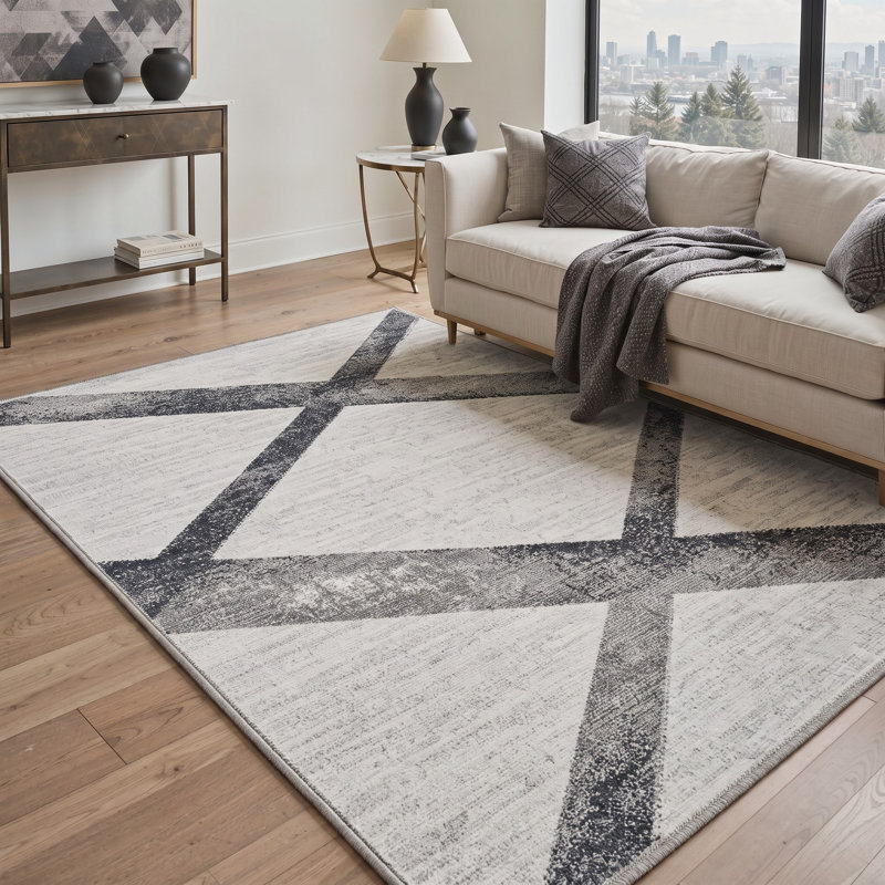 Tapis géométrique ivoire / gris lavable à la machine avec envers antidérapant, Rectangle 5 pi x 7 pi