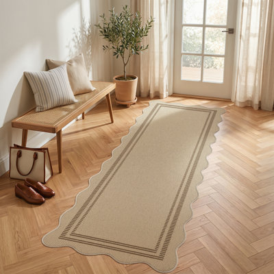 Tapis festonnés Easy Jute, tapis de patio intérieur / extérieur brun clair / damier, tapis de salle à manger géométrique lavable pour bureau dans la cour, certifié Oeko-Tex