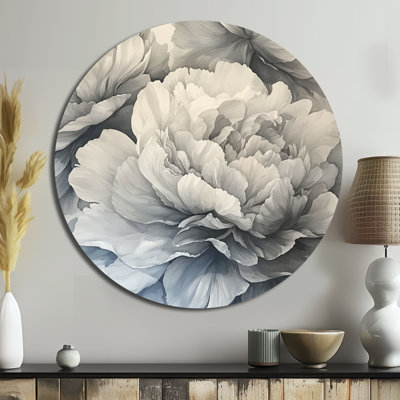 Peonies In Monochrome Layers II - Traditional Gray Metal Art Print, Peonies Round Metal Wall Art