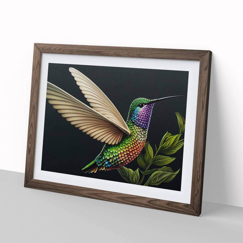 Illuminated Hummingbird - Single Picture Frame Print, 46cm H x 64cm W x 2cm D, Walnut