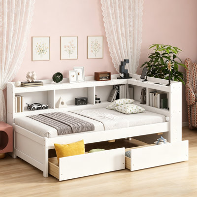Lit simple en forme de L avec bibliothèques avec prises de courant, ports de chargement USB, deux tiroirs, blanc, conception peu encombrante