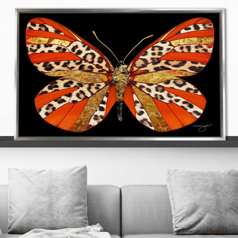 Léopard et papillon doré (horizontal) par Jodi - impression, Cadre flottant argent, H 21,5 po x l 33,5 po x P 2 po