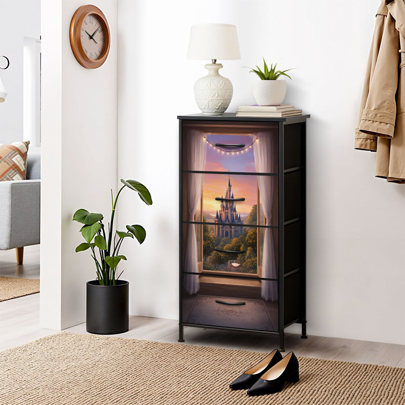 4 Drawer Dresser for Bedroom, Narrow Chest of Drawers, Wooden Top and Study Iron Frame 18"x37.5"-(WxH), Black24