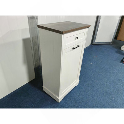 Armoire poubelle autoportante 13 gallons inclinable avec bac à ordures en bois avec tiroir Support pour poubelle pour cuisine / salon, blanc antique (ne pas inclure la poubelle)