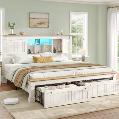 Farmhouse Platform Bed with Bookcase Headboard, Smart RGB Lights & Charging Station, 2 Drawers, Queen/King