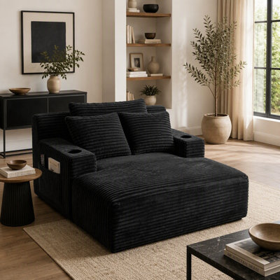 47.24 Inch Wide Chaise Lounge Chair Indoor, Oversized Flannel Upholstered Boneless Sofa Bed, Deep Seat Sleeper Couch Reading Chairs, Cloud Sofas Couches for Living Room, No Assembly Required(Black)