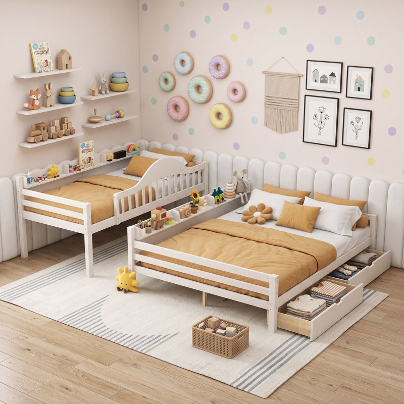 Lit superposé en bois avec garde-corps courbés, tiroirs de rangement et tablettes de rangement latérales intégrées, Beige