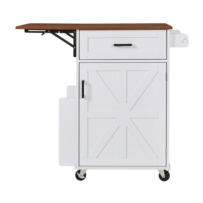 K&K 39.3" Farmhouse Kitchen Island with Drop Leaf, Kitchen Storage Island with Open Side Rack, One Drawer, Towel Rack, Rolling Kitchen Cart with Lockable Wheels for Lawn Garden, White