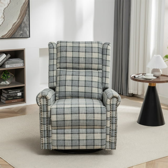 Fauteuil inclinable pivotant Jaq, Lin à carreaux vert