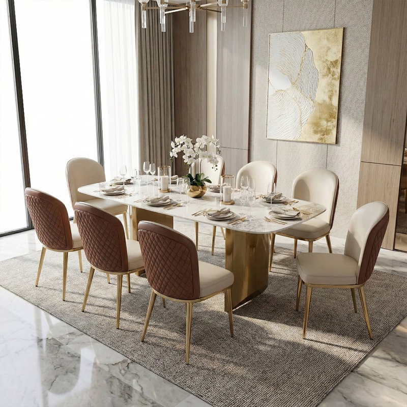 71" Luxury Dining Table with Random Natural Pattern Sintered Stone Top & Metal Base, Modern Rectangular Dining Table, Elegant Kitchen Dining Room Furniture,8-chair