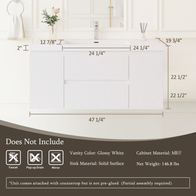 Meuble-lavabo flottant mural de 48 po avec lavabo, conception moderne, surface solide blanc brillant, tiroirs à fermeture en douceur, plateau en résine facile à nettoyer, installation rapide, finition de l'armoire à bois, installation,