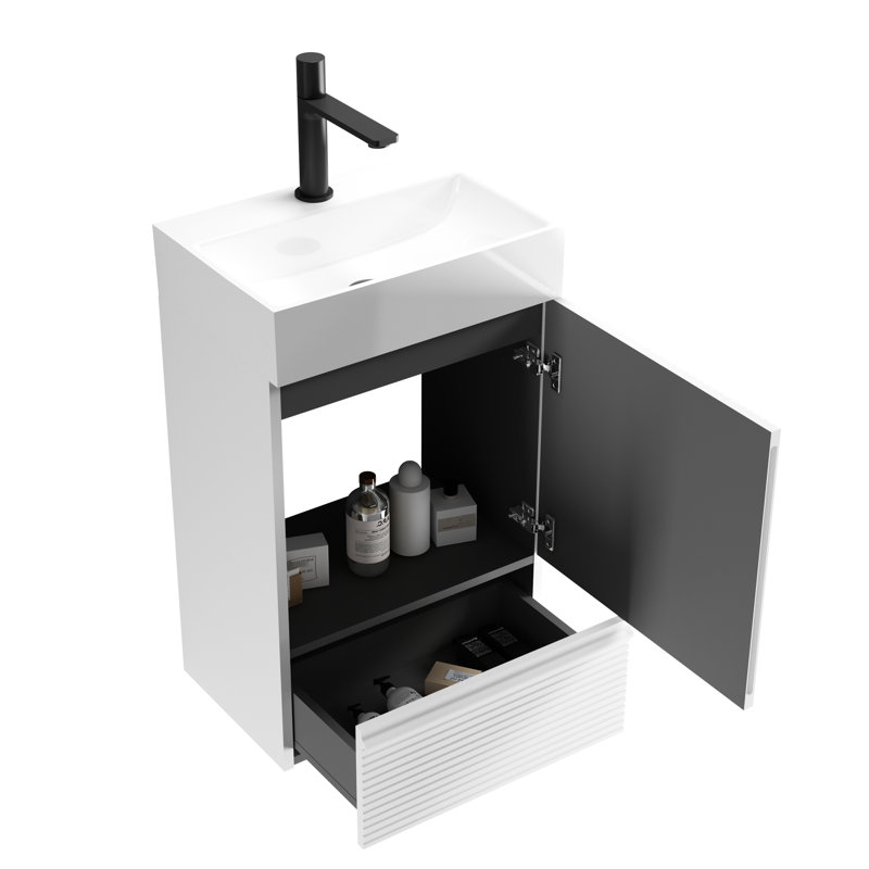Meuble-lavabo sur pied moderne en velours blanc rayé, lavabo en céramique, 1 porte et tiroir de rangement, matériau E1, doux, ensemble avec tiroir, finition, quincaillerie