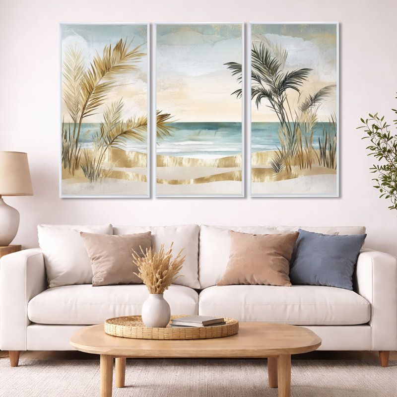 Palmier sur toile, plage tropicale - ensemble d'art mural encadré 3 pièces Jamil, H 40 po x l 60 po, Cadre flottant blanc