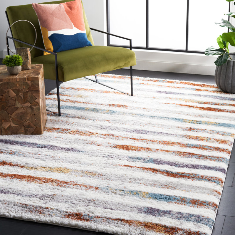 Tapis rayé bleu / ivoire Joua, Rectangle 8 pi x 10 pi