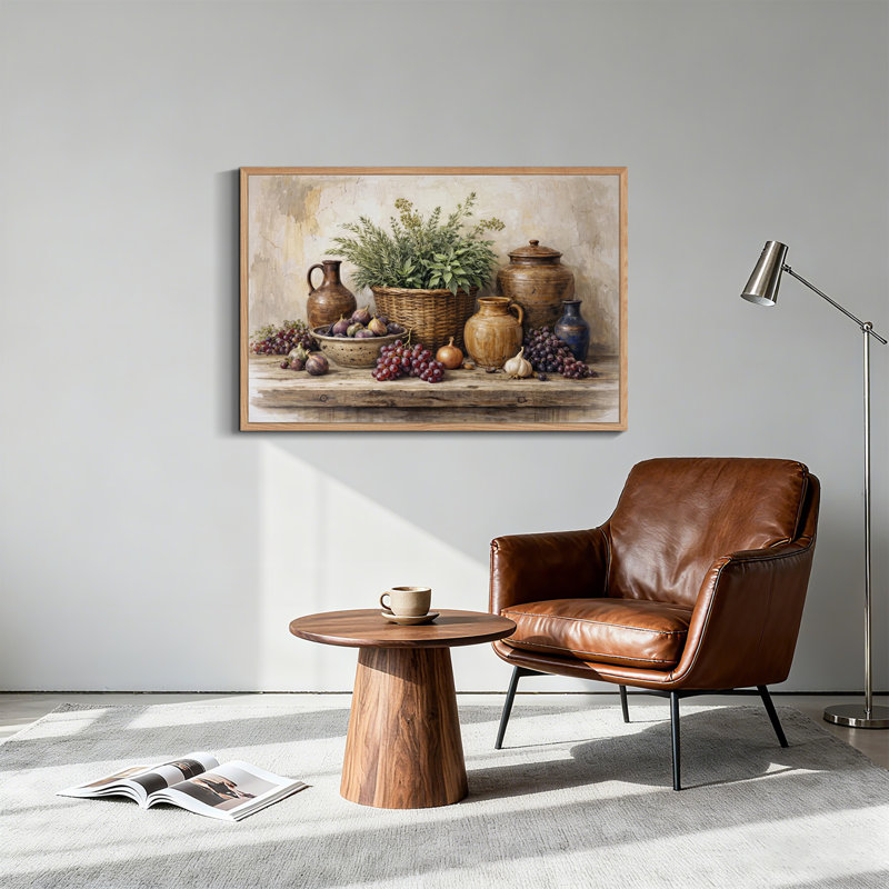 Raisins et figues avec herbes aromatiques dans un panier en osier et des pots en terre cuite - Tableau sur toile, 32"H x 48"W