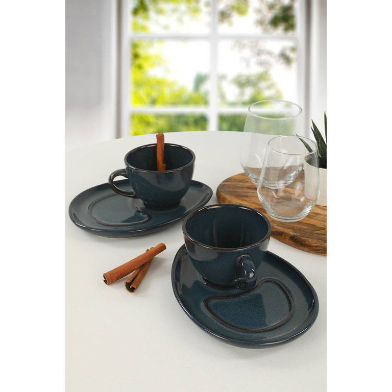 Ensemble de tasses à café élégantes bleu foncé (4 pièces), 3,5 x 3,5 x 3,5 pouces | 100% céramique, comprend 2 tasses (7,3 oz liq.) Et 2 soucoupes (7,9 pouces) | Parfait pour la maison, le bureau et les réceptions - Design élégant et fonctionnel