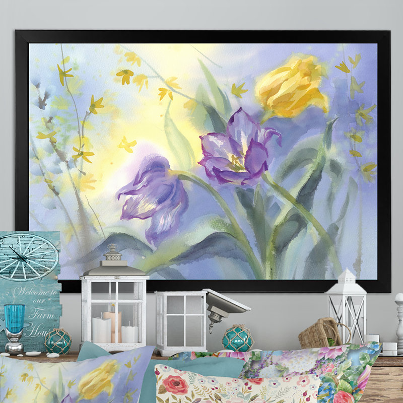 «Violet Tulips Blooming», reproduction sur toile encadrée, Cadre d'angle fermé noir, H 8 po x l 12 po x P 1 po