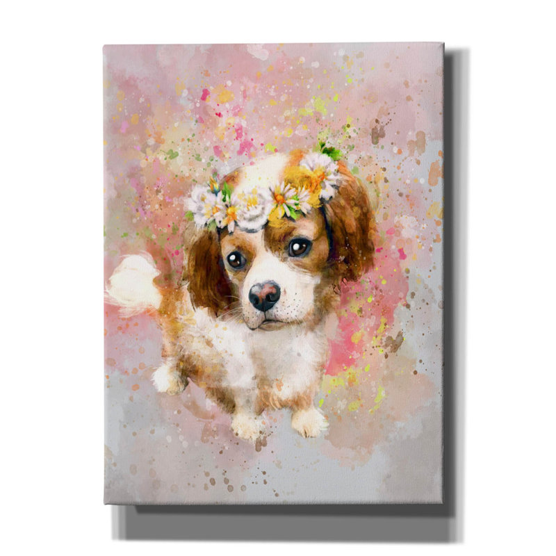 «Flower Crown Cavalier King Charles Spaniel» par Furbaby Affiliates, art mural sur toile, H 54 po x l 40 po x P 1,5 po