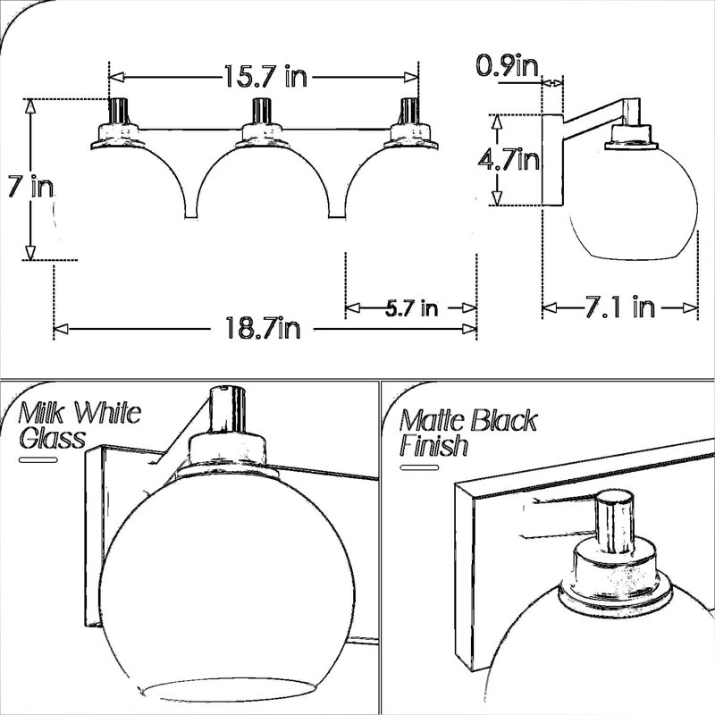 Luminaire de meuble-lavabo 3 lumières, applique murale noir mat avec abat-jour en verre blanc lait pour éclairage de miroir de salle de bain, compatible avec douille E26, installation facile
