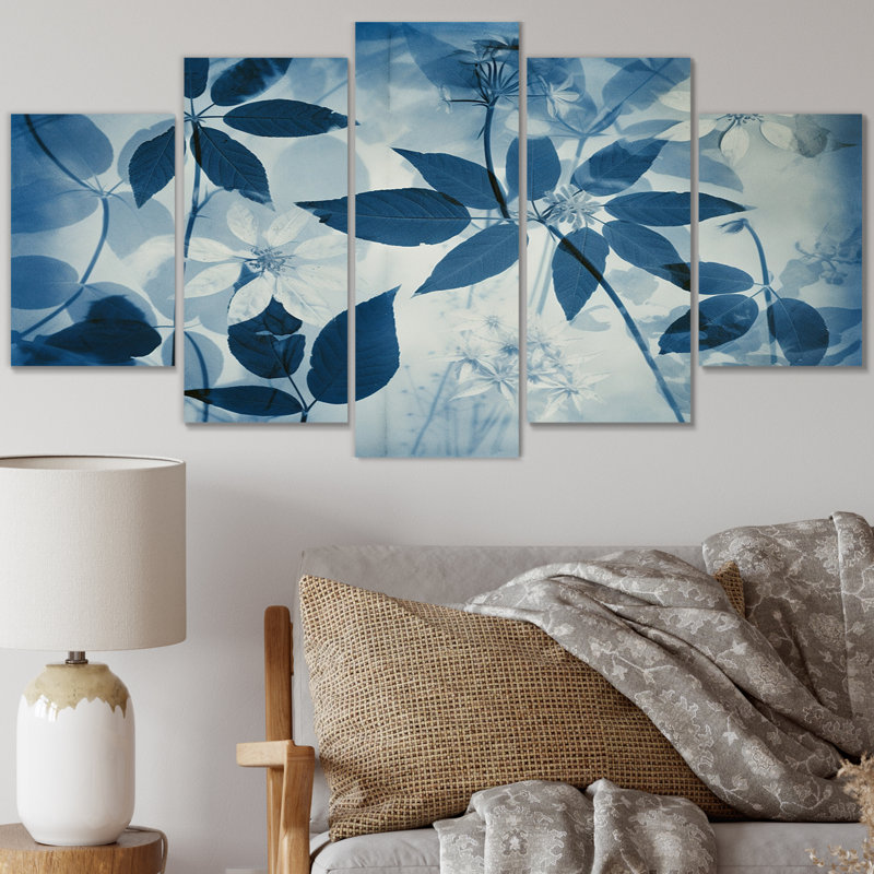 «Retro Botanicals Abstract Leaves Retro Blue IV», reproduction d'art sur toile abstraite - 5 panneaux