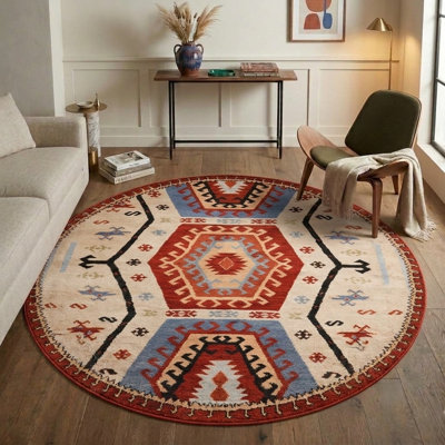 Tapis d'intérieur rond multicolore en soie et laine noué à la main