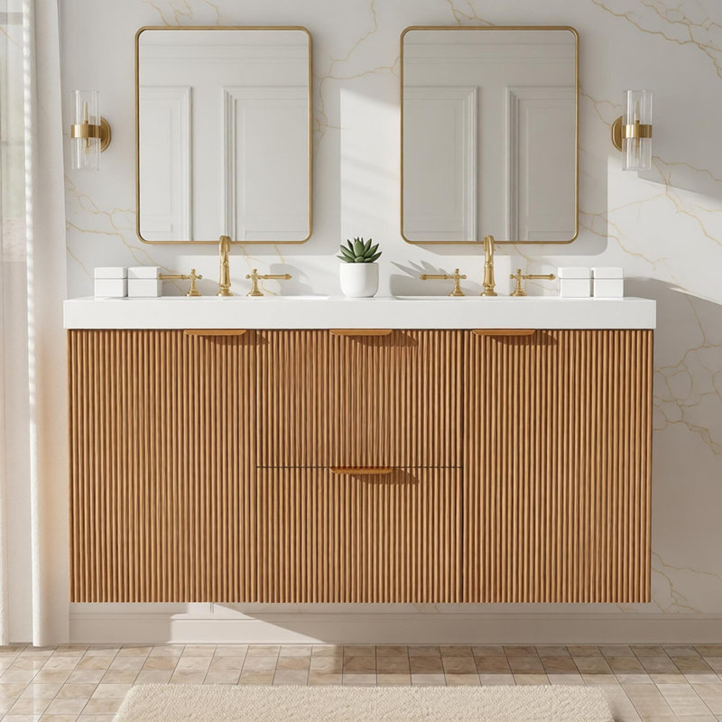 Meuble-lavabo double 47,24 pouces avec comptoir en bois massif, armoire en MDF, portes à fermeture en douceur, tiroirs divisés, meuble-lavabo mural moderne