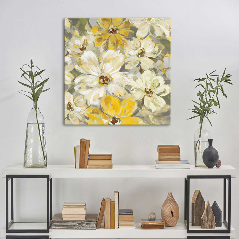 "Scattered Spring Petals Yellow Grey" par Silvia Vassileva, reproduction sur toile, H 18 po x l 18 po