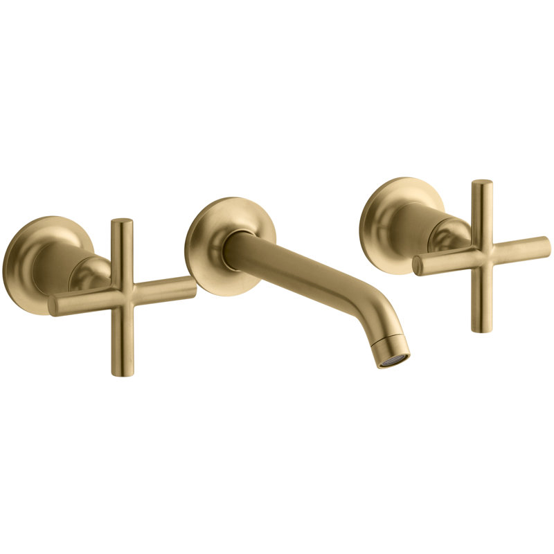 Purist Wall-Mounted Bathroom Faucet, Vibrant Moderne Brushed Gold, Cross Handle