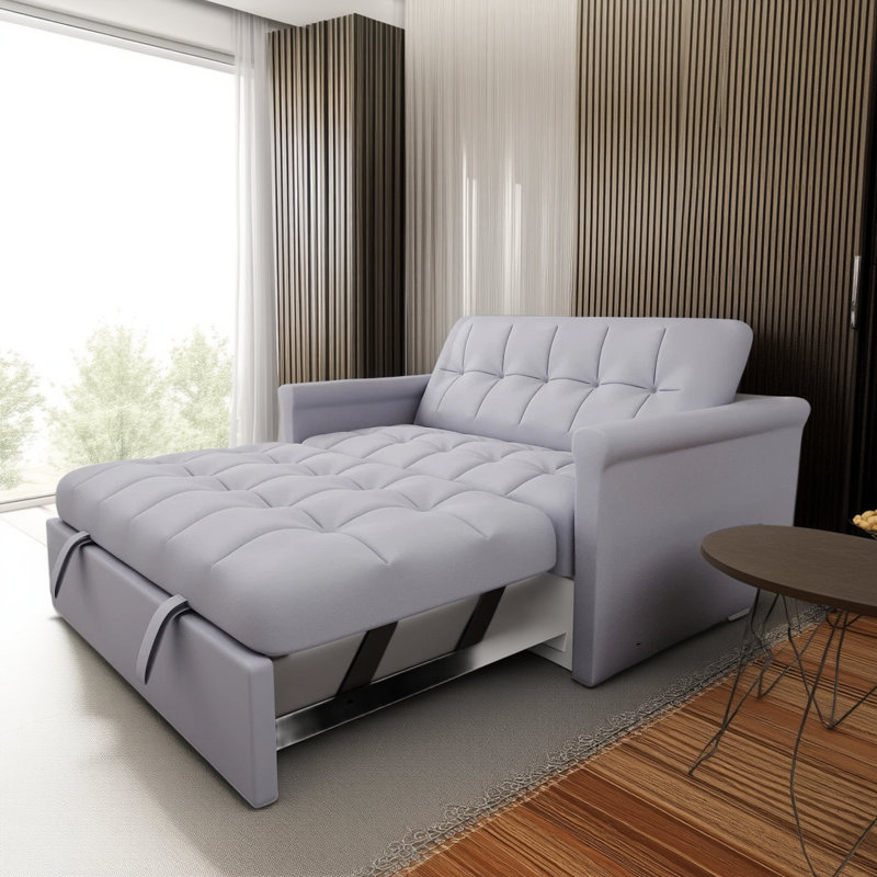 Canapé-lit double convertible en velours gris: coulissant avec poches latérales, conception compacte pour les petits espaces, les appartements et les chambres d'amis