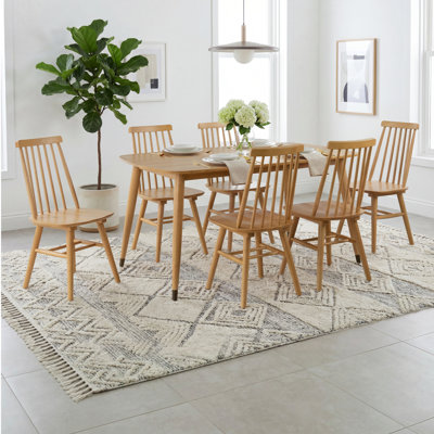 Norvia & Elvara Scandinavian Solid Wood 7-Piece Dining Set, 60'' Rectangular Table with Beveled Edge & Metal-Capped Legs, 6 Windsor Spindle Back Chairs, Honey Oak