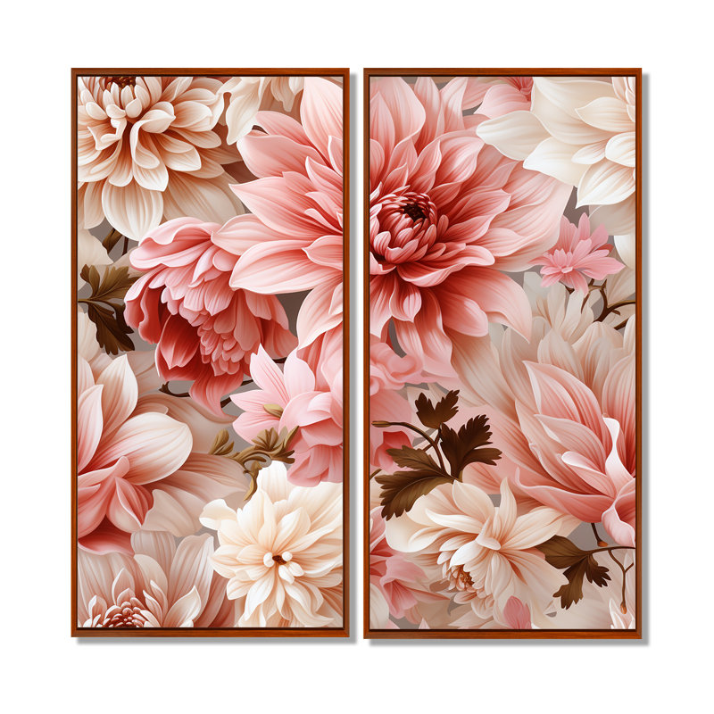 Œillets roses et blancs épanouis - 2 pièces murales roses, 32" H x 32" W, Impression encadrée flottante, Brown