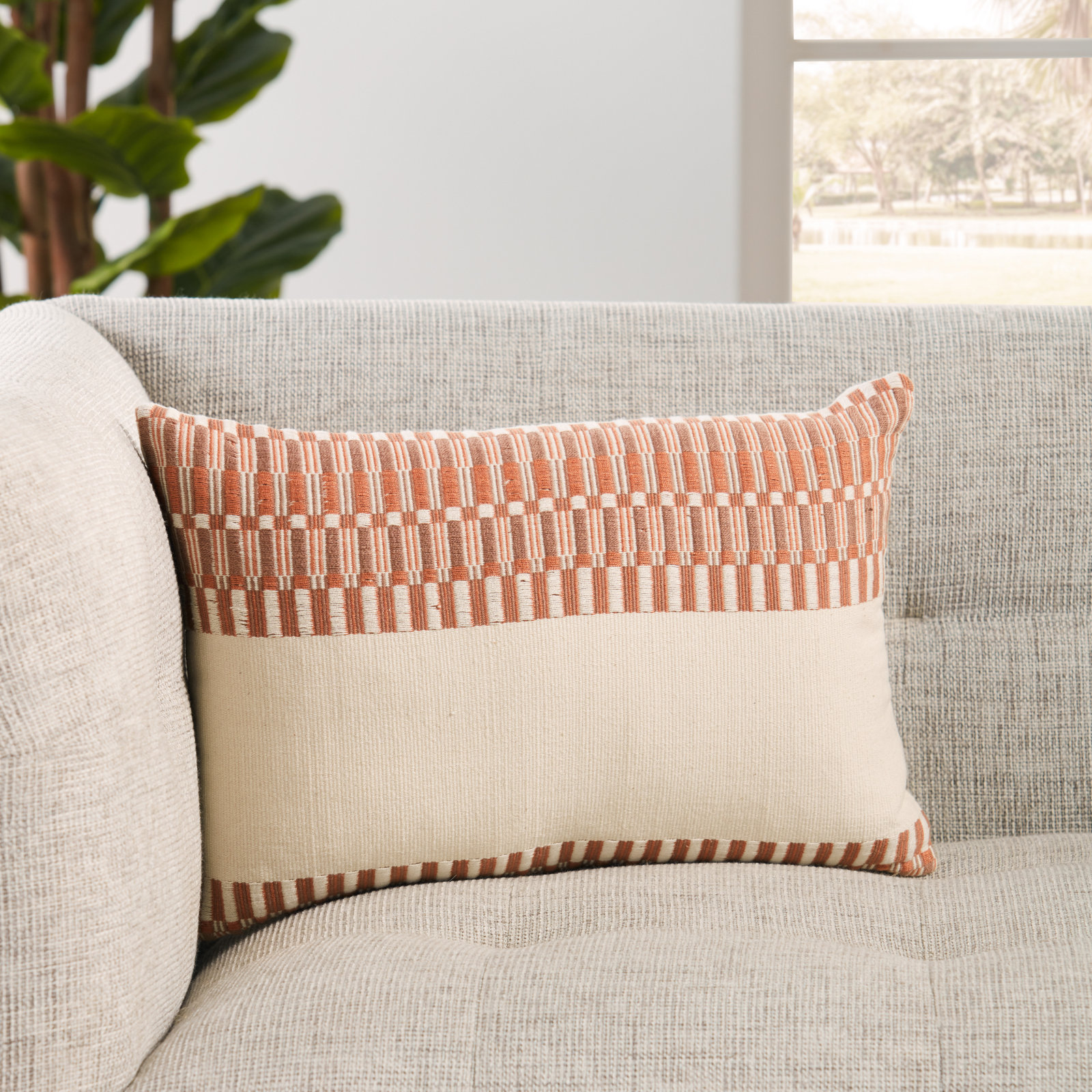 Taren Embroidered Cotton Lumbar Pillow Cover, Plaid, 100% Down Alternative