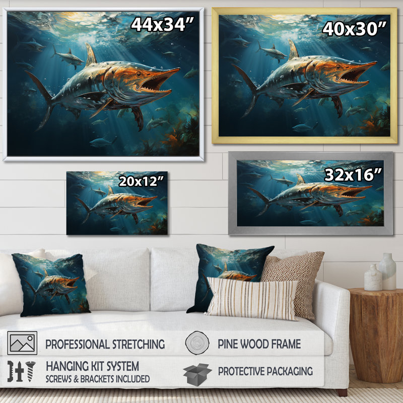" Fishing Majestic Marlins Jumping III ", Natural Floater Framed, 34" H x 44" W x 1.5" D
