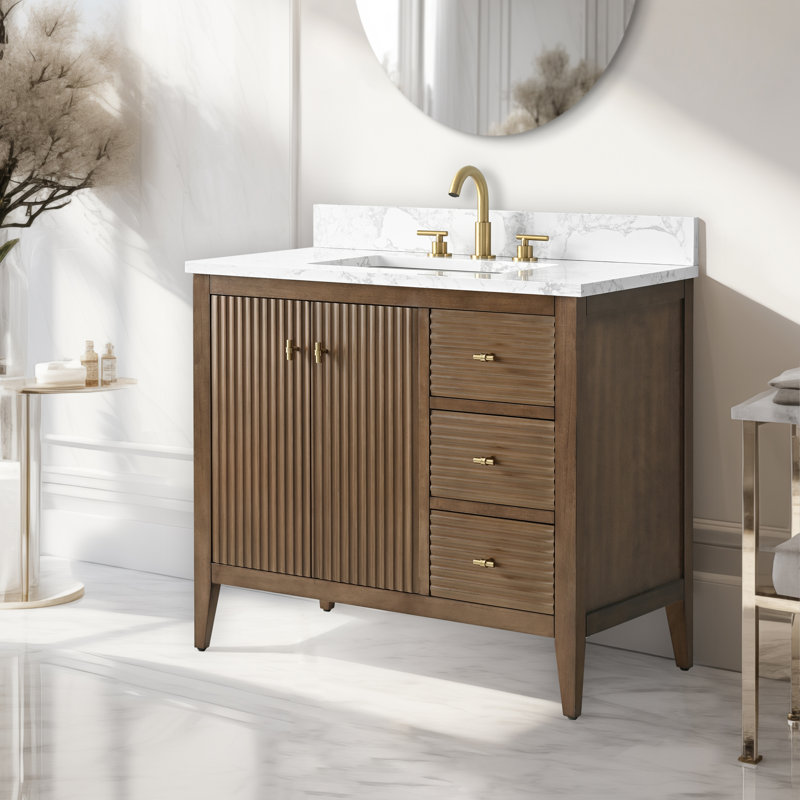 Ensemble de meuble-lavabo simple 36 po, Doré brossé, Noyer linéaire