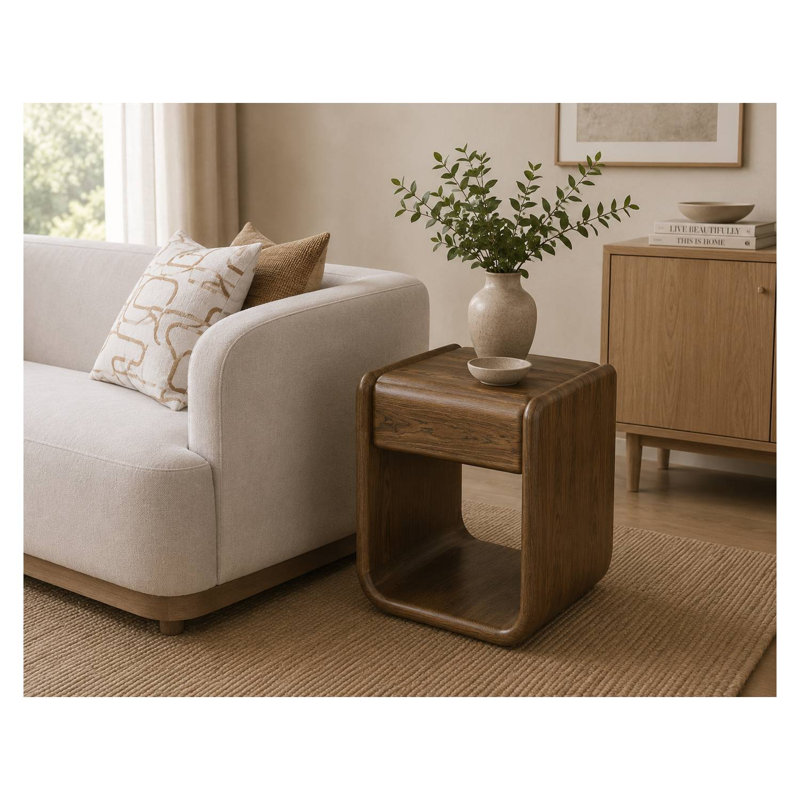 Table de bout courbée moderne avec base ouverte, finition en bois de noyer foncé, table d'appoint contemporaine pour le salon et la chambre à coucher