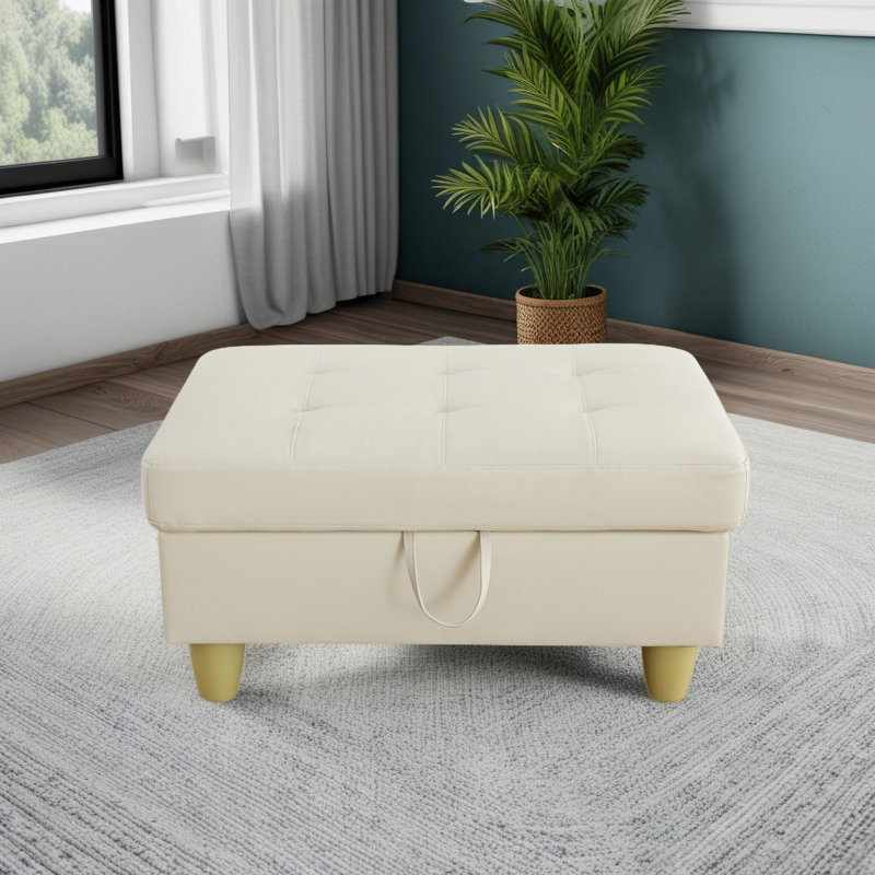 Repose-pieds rectangulaire avec rangement en similicuir de 35 po, Similicuir blanc, Beige