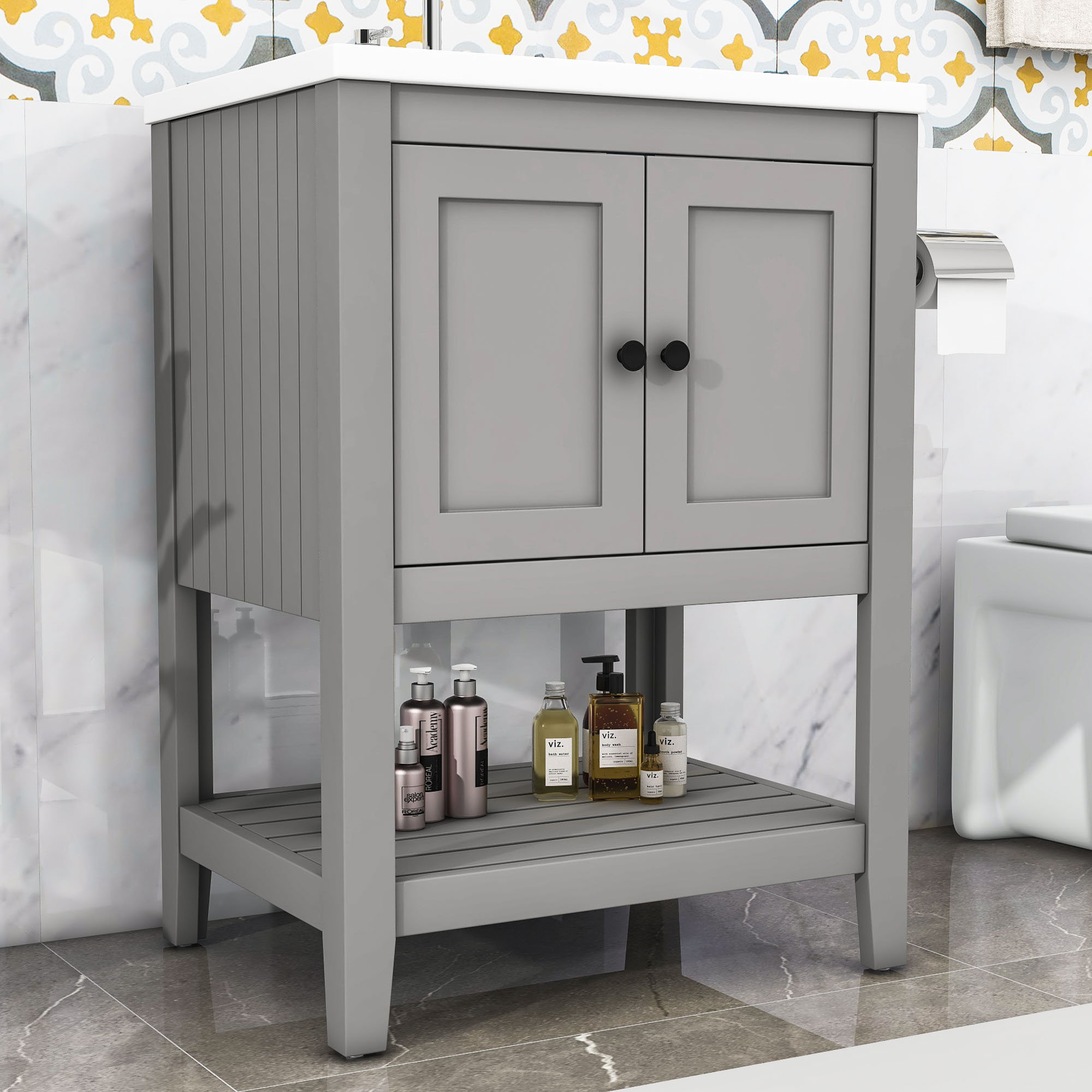 17.8 in. W x 23.7 in. D x 33.6 in. H Bathroom Vanity Ceramic Sink with Wood Frame Open Style Shelf Vanity Top in Gray