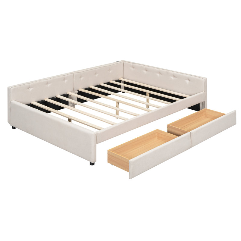 Lit plateforme tapissier avec port USB et 2 tiroirs, beige, Grand lit