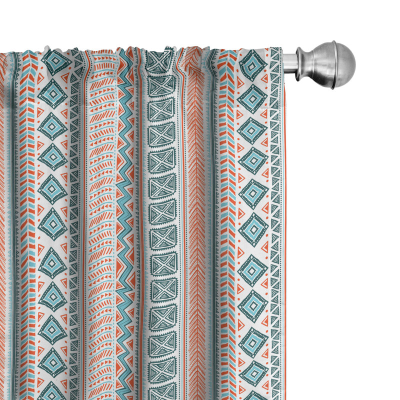 Rideaux 4 panneaux East Urban Home orange brûlé, formes tribales verticales, bleu pâle et bleu sarcelle foncé