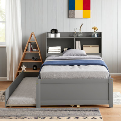Twin Wooden Bed with Trundle and Shelves
