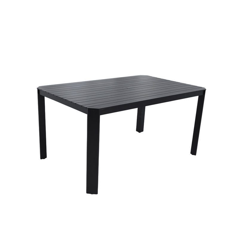 Modern Outdoor Aluminum Table With Alternating Wide And Narrow Slats, Angled Corners, Umbrella Hole, And Adjustable Non-Slip Pads