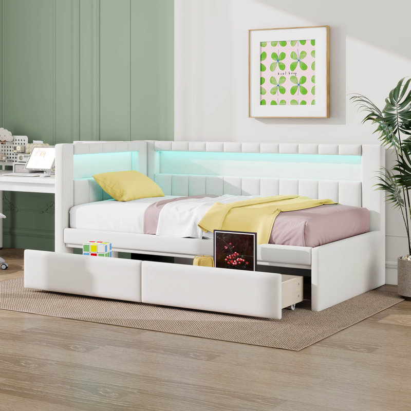 Lit plateforme avec ports USB et ceinture à DEL, cadre de lit tapissier avec lit gigogne, aucun sommier nécessaire, Blanc