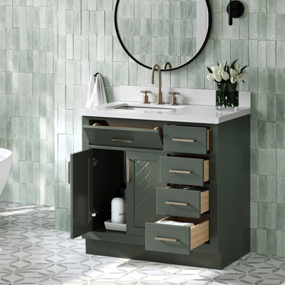Chevron 37 Inch Left Offset Single Rectangle Vanity Bathroom Vanity with Pure White Quartz Countertop 1.5 Inch in Vintage Green