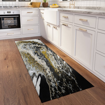 Abstract Machine Woven Black/Gold/Beige Area Rug