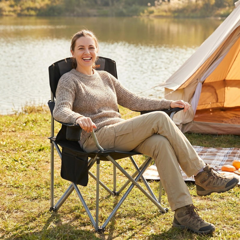 Chaise de camping pliante robuste pour adultes, chaise quadruple rembourrée à dossier lombaire portable avec porte-gobelet, sac isotherme, poches latérales