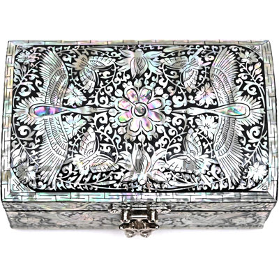 Handmade Mother Of Pearl Jewelry Box With Crane Design - Decorative Lacquered Trinket Box With Mirror Inside, Durable Metal Clasp For Keepsakes And Gifts